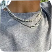 [YANCHUN] Pearl Necklace for Men Faux Pearl Choker Mens Pearl Necklace Layered Cuban Link Necklace for Women and Men Gifts for Boyfriend/Husband/Son