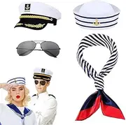4 Pieces Yacht Captain Hat Sailor Ship Cap and Scarf Sunglasses Navy Sailor Hat Boat Navy Hat White Sailor Cap for Dressing up Party