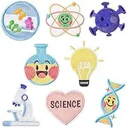 8Pcs Science Iron on Patches Cute Cartoon Physics Biology Chemistry Laboratory Sew on Repair Embroidered Applique Scientist Experiment Atom DNA Virus DIY Craft Gifts for Lab Coat Clothes Backpack Hat