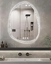 LUVODI LED Bathroom Mirror with with Lights: 70x90CM Irregular Bathroom Vanity Mirror for Wall Stone Pattern Frosted Backlit Anti Fog Mirror with Dimmable 3 Color Light Memory Function IP66