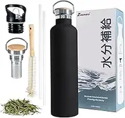 Stainless Steel 1 Litre Water Bottle with Straw, BPA-Free, Metal Thermal Bottle with 2 Lids, Tea Strainer, Brush, Thermos Flask for Sports, Office
