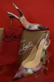 NIB LOUBOUTIN CLARE SLING 80 MULTI COLOR CREPE SATIN SLINGBACK SANDALS PUMPS 39