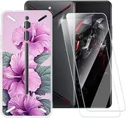 ESACMOT Pink Flowers Pattern Case Compatible with ZTE Nubia Red Magic + [2 Pack] Screen Protector Tempered Glass, Shockproof Case Cover for ZTE Nubia Red Magic Mars RNG (6 inch)