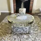 Glam Mirrored Coffee Table Round Silver Accent Table w/ Dazzling Diamonds Inlay