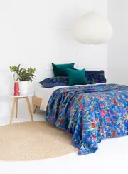 Velvet Frida Kantha Quilt Cotton Quilt Patchwork Quilt Handamade Floral Quilt Comforter Bedspread Blanket -Bird of Paradise Navy