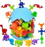 Montessori Building Blocks Suction Toys,PIOGHAX 27 Pieces Silicone Bath Suction Toys,Dinosaur Suction Cup Toys with Eggshell for 3-7 Year Old Kids Animal Suction Toys Bath Toys