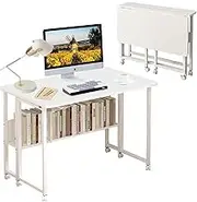 HOMKAI Computer Desk 100CM, Foldable Home Office Desk with Storage Shelves, Computer Workstation with Wheels, Modern Simple Writing Desk Gaming Table for Small Space, Easy to Move & Store (White)