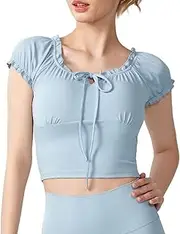[TianheInnove] Women's Built-in Bra Yoga Top Off-Shoulder Workout Shirt,Short Sleeve Tops,Quick-Dry Fitness Tee with Lace Trim