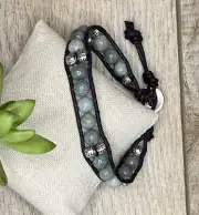 Men's Bracelet Burma Jadeite Jade Beaded Black Leather Bracelet Stackable Green
