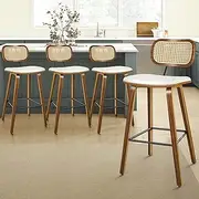 ALFORDSON 4X Bar Stools, Vintage Kitchen Dining Chair with 35cm Rattan Backrest and 65cm Leather Seat, Counter Barstools with Footrest for Home Bar Dining Room, Fiona Wooden White