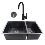 ACA 71x45CM Kitchen Double Sink With 2-mode Tap Stainless Steel Under/Topmount Grey Black Sink Set