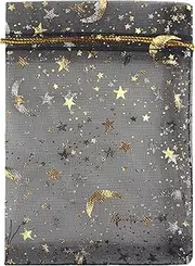 QIANHAILIZZ 100 Moon Star Organza Jewelry Gift Pouch Candy Pouch Drawstring Wedding Favor Bags, Black, 3.5 x 4.7 inch