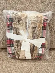 NEW Pottery Barn Stewart Plaid Flannel Faux Fur Hooded Robe, Medium, Christmas