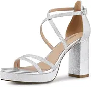[CELLENZ] Women Strappy Platform Heels: 3.4 Inch Chunky Heeled Sandals, Comfortable Sexy Block High Heels, for Prom Party Bridal Wedding Black White Silver Nude Dressy Shoes