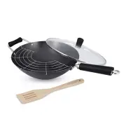 4pc Ken Hom 31cm Non-Stick Carbon Steel Wok Frypan w/Lid/Slotted Turner/Rack Set
