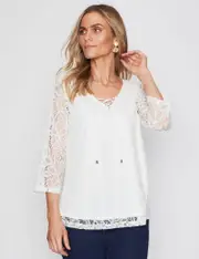 Millers 3/4 Sleeve Lace Top With Tie Neck
