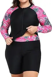 [Owntop] Womens Plus Size Rash Guard | 2-Piece UPF 50+ Swim Shirt | Long Sleeve Zipper Rashguard Shirts & High Waist Boyshorts | Quick-Dry Swimwear Swimsuits | Swimming Surfing, Red, X-Large Plus