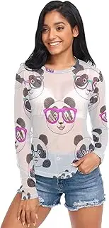 [RPLIFE] Cute Funny Pandas White Mesh Sleeve Tops for Women, Sexy Sheer Tops for Women S-XXL