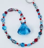 Beaded Suncatcher - Red Turquoise - Triangular Crystal Prism - Hanging Decor