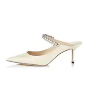 Nevenka Rhinestone Heeled Mules 6cm Pointed Toe Slip On Stiletto Sandals-Beige