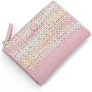 [Hemasa] Small Short Wallet New Snap Button Pu Leather Coin Purse Woven Pattern Change Purse Female Pink