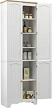 YUSONG 72'' Tall Kitchen Pantry Cabinet, Farmhouse Storage Cabinet with 4 Doors and 2 Adjustable Shelf, Freestanding Wooden Cupboard Buffet for Home Dining Room Living Room Entryway, White and Honey
