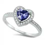 Heart Ring Genuine Sterling Silver 925 Tanzanite CZ Face Height 10 mm Size 10
