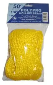 T.W Evans Cordage 1/4-Inch by 50-Feet Hollow Braid Polypro Rope, Yellow