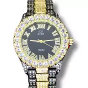Men's Two Tone Round Face Iced up Bezel 44mm CZ Gold Plated Metal Band Watch