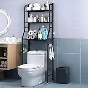 Curtainboro Over The Toilet Storage, 3-Tier Over Toilet Organizer Shelf, Space Saver Metal Bathroom Shelves with Paper Holder and Hooks, Bathroom Stand Organizer Space Saver