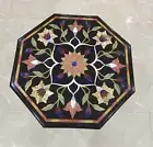 12'' Unique Black Marble Corner Side Table Carnelian Semiprecious Stone Handmade