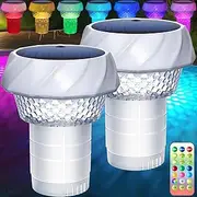 Solar Pool Chlorine Floater with Light Color Changing Tablet Holder Solar Powered Pool Light Outdoor RGB Floating for 3 Inch Chlorine Tablets, Easy Opening Remote Control for Hot Tub,Spa(2 Pack)
