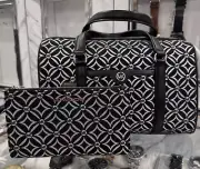 Michael Kors SET Travel MD Duffle Satchel Crossbody Bag Black Silver + Wallet