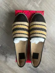 NWT Tory Burch Block Flat Espadrille Canvas/Leather Shoe Size 10 Black & Canvas