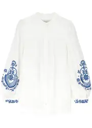 Max Mara Weekend Carnia Embroidered Linen Blouse - White And Blue - 16 (UK16 / XL) 16 (UK16 / XL)