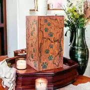 Blue Epoxy Paws, Fractal Burned Pet Cremation Urn for Ashes Wooden Pet Urn For A