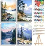 GOUGOUFAFA Pack of 4 Paint by Numbers Adult Landscape Paint by Numbers DIY Adults with Wooden Frame Wooden Easel, Acrylic Paint Canvas and 12 Brushes Kit Gift Home Decoration (20 x 30 cm)