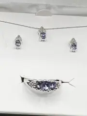 10k White Gold Tanzanite Necklace Earring Ring Size 7 Set New In Box