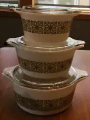NEW Pyrex Autumn Floral Verde Casseroles Bowls Set 3 + Lids USA 473 474 475 NOS