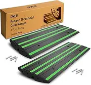 Pyle 8 ft. Rubber Curb Ramp Set, Pack of 2 Heavy Duty Non-Slip Threshold Ramps for Driveways, Garages, Sidewalks, Wheelchairs and Vehicle Access, Green Reflective Strips, 48.0’’x 16.0’’ x 2.6’’ Inch