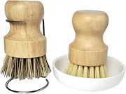 Bamboo Palm Pot Brush (1x Hard Bristle+1x Sisal with Ceramics Base,Draining Rack).Kitchen Mini Round Dish Brush,Natural Scrub Brush Cleaning Kit for Skillet,Washing Dishes,Vegetables,Pots, Pans.