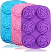 SENHAI Large Rose Flower Silicone Tray for Cake Bread Pudding Chocolate Muffin Soap, 6-Cavity 3D Ice Cube Handmade Molds- Purple & Blue & Pink
