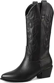 [CIERWS] Women's Embroidered Western Silver Cowgirl Boots Cowboy Boots Mid Calf Boots Metal PU Medium Heel Fashion Retro Classic Middle Boots