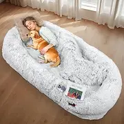 [ANSHINE] Human Dog Bed, 180x110x25 cm Dog Bed for You and Pets, with Memory Foam, Plump Pillow, Blanket, Washable Faux Fur Dog Bed for People Doze Off, Napping Orthopedic Dog Bed - Grey