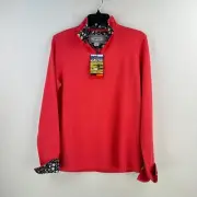 Orvis Sweater Pullover Womens M SALMON Pink Quarter Zip Floral Flip Cuff NWT