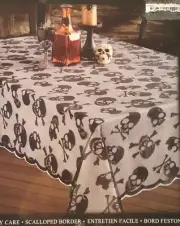 Benson Mills Halloween Skull & Bones Black Lace Tablecloth ~ Round 70" NEW!