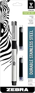 Zebra Pen V-301 Fountain Pen, Stainless Steel Barrel, Fine Point, 0.7mm, Black Ink, 1-Pack with Refill