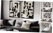 Large Framed Black and White Abstract Wall Art, Set of 2 Piece Minimalist