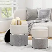 Giantex Ottoman with Storage - Set of 2 Storage Ottomans, 1 Large & 1 Small Nesting Ottoman Side Table, Upholstered Linen Round Foot Rest Vanity Stool for Bedroom Living Room (Beige & Light Gray)