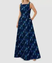 $550 Aidan Mattox Women's Blue Floral Square Neck Jacquard Gown Dress Size US 0
